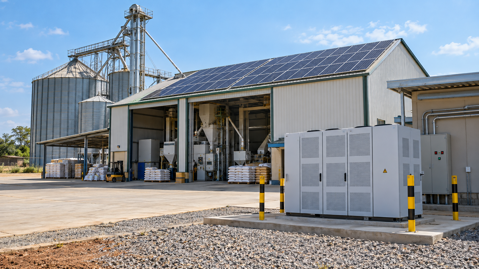 Industrial energy storage system for an African grain mill