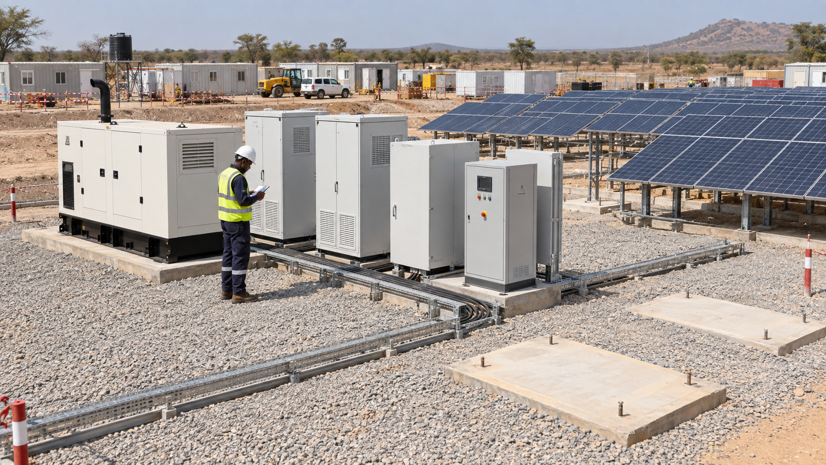 modular solar battery and generator system at a remote African construction site