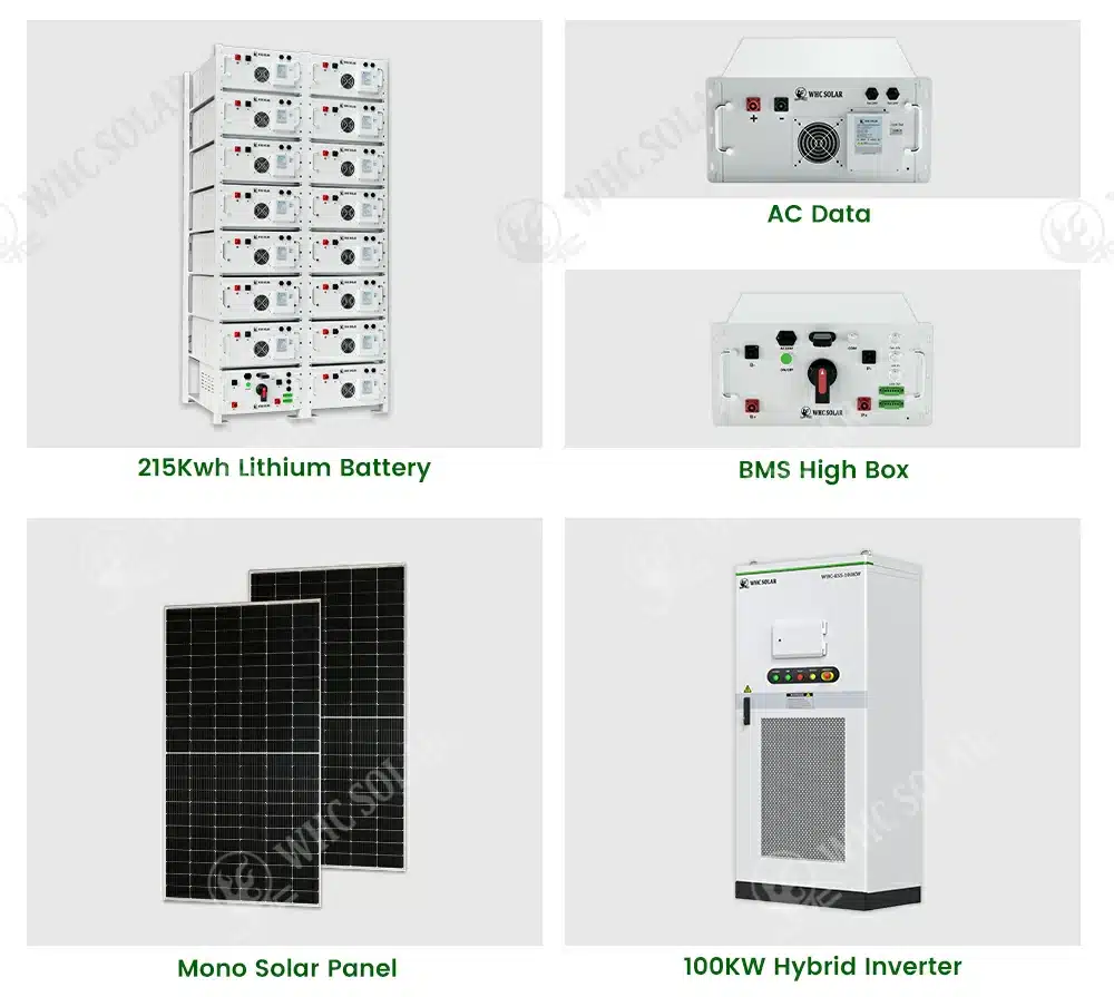 WHC Commercial Storage System Components WHC battery racks solar panels and hybrid inverter for commercial storage planning