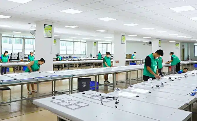 WHC Solar Street Light Factory Assembly WHC solar street light housings and components on a factory assembly line